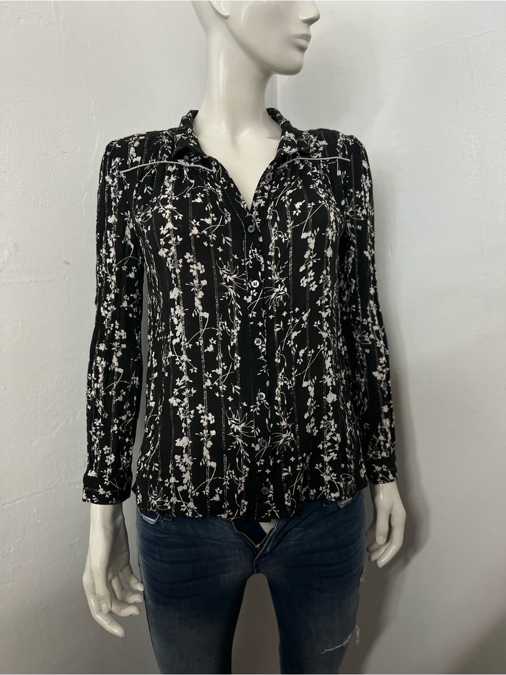ba&sh Black and White Floral Button-Down Blouse